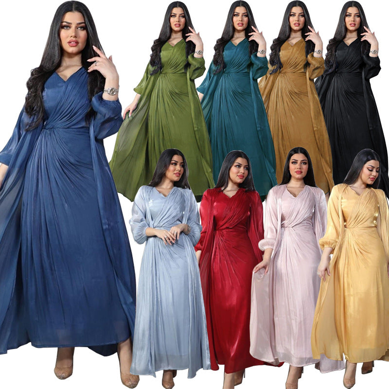 Morocco Women Abaya 2 Piece Set Silky Satin Dubai Muslim Dresses  Robe