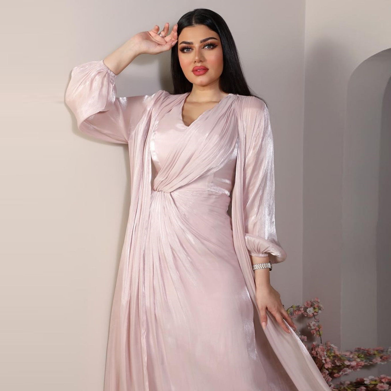 Morocco Women Abaya 2 Piece Set Silky Satin Dubai Muslim Dresses  Robe