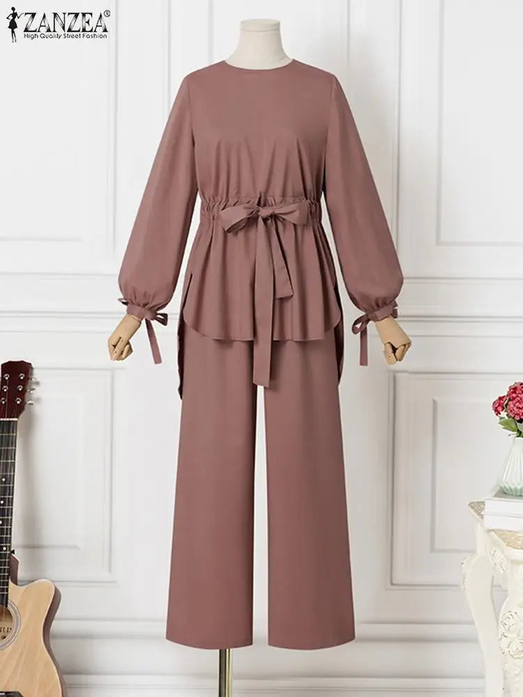 Muslim Women Matching Sets Long Sleeve  Tops And Loose Pant Suits