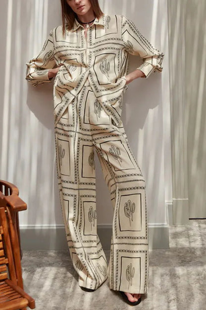 Printed Shirts Two Piece Set Women Long Sleeve Pants Suit