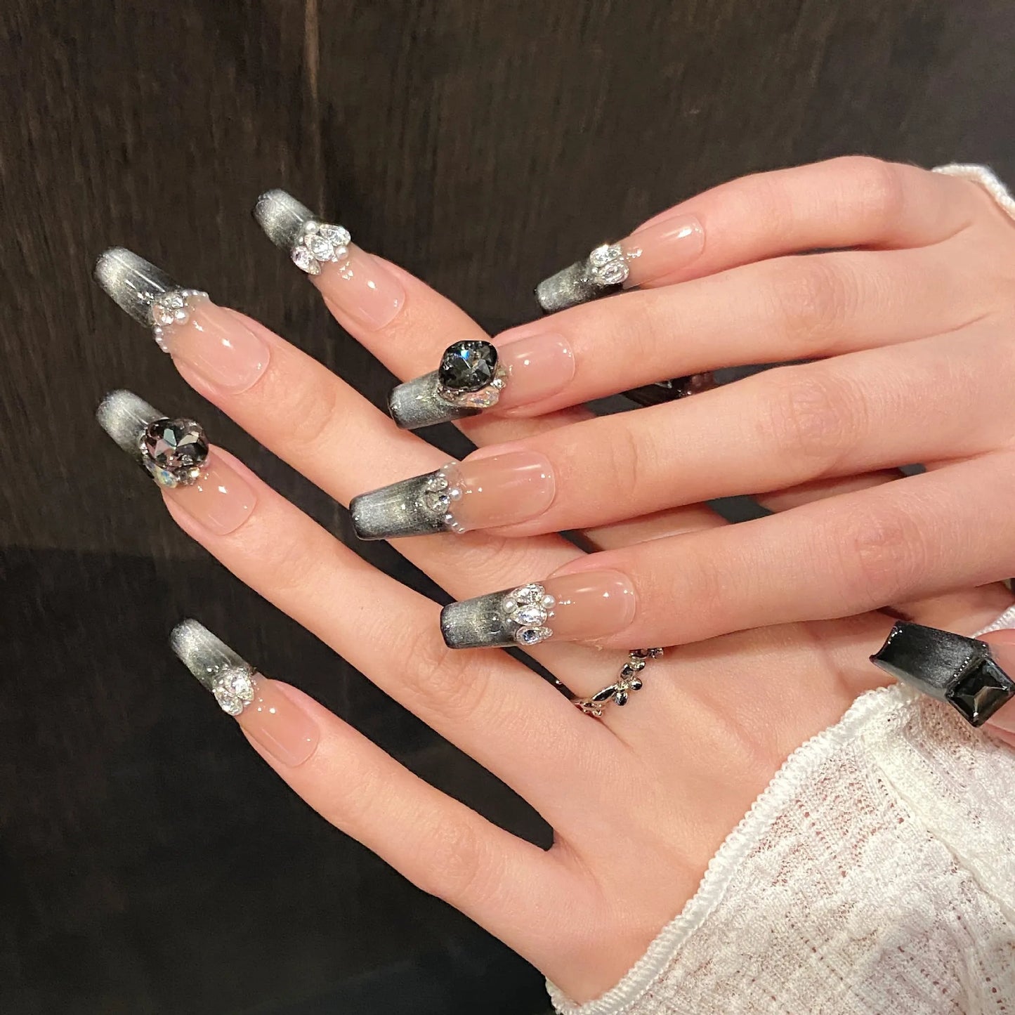 10pcs Handmade Black Cat Eye Press on Nails  Long (#14)