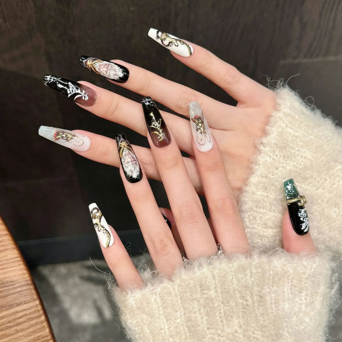 10 PC Handmade Press on Nails Long Coffin (#6)