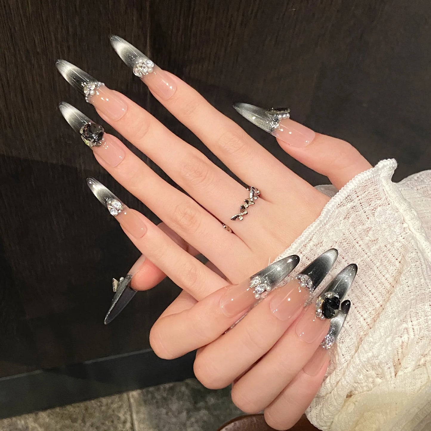 10pcs Handmade Black Cat Eye Press on Nails  Long (#14)