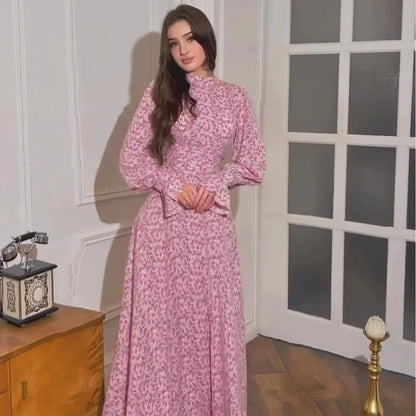 Flowers Printed Long Woman Dress Long Sleeve Satin