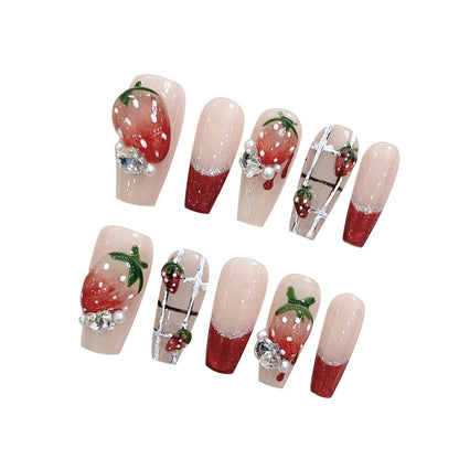 10 PC Handmade Press on Nails Sweet Strawberry  Long Ballet Coffin (#15)