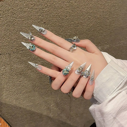 10 Pc Handmade Press on Nails Shiny Crystal Design (#35)