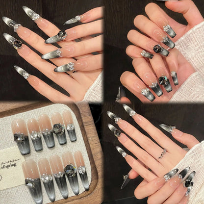 10pcs Handmade Black Cat Eye Press on Nails  Long (#14)
