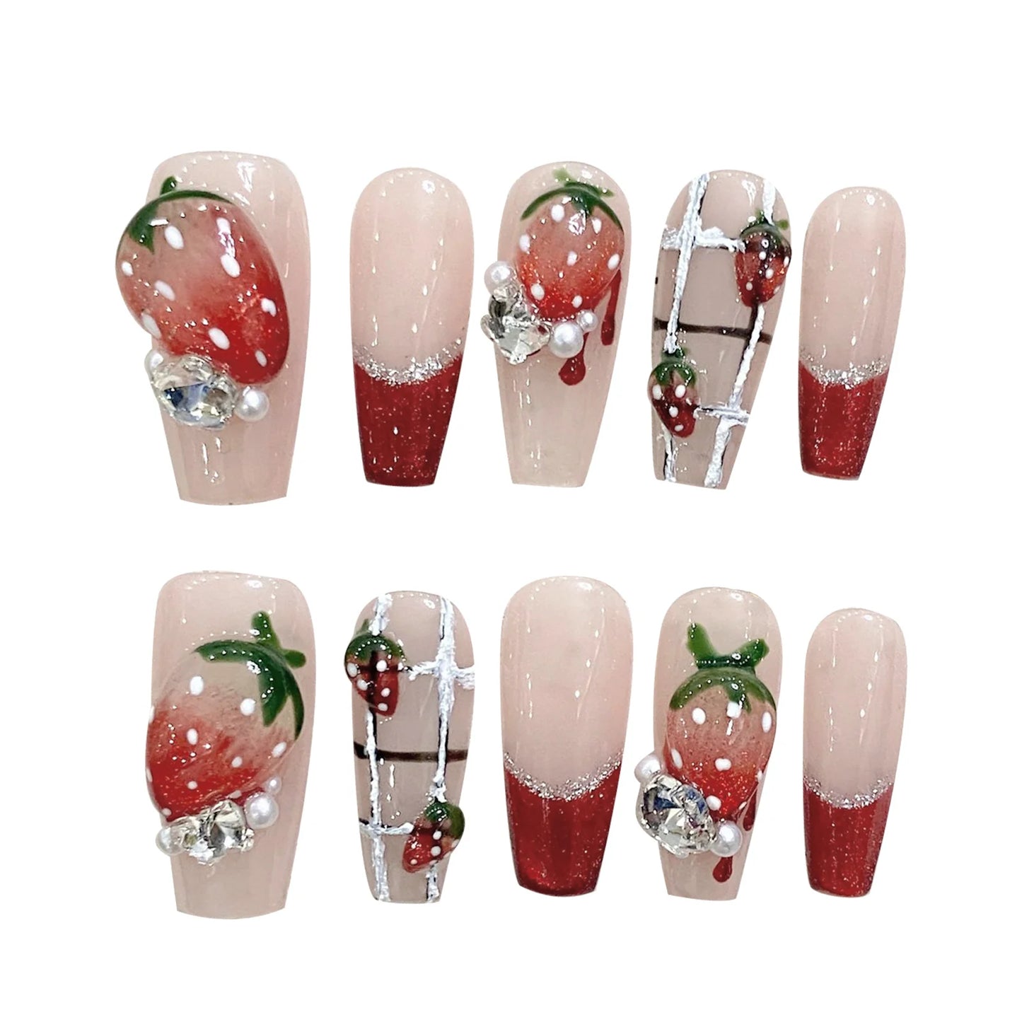 10 PC Handmade Press on Nails Sweet Strawberry  Long Ballet Coffin (#15)