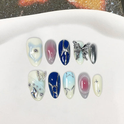 10 pc Handmade Press on Nails  Butterfly Design  Almond Full Cover Stick on Nails (#24)