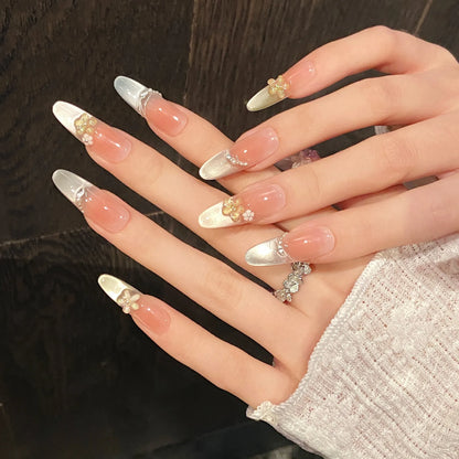 10pcs Handmade Five petal Flower Decor Oval/Ballet False Nails (#21)