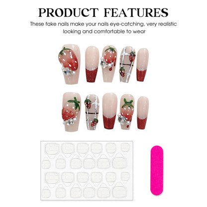 10 PC Handmade Press on Nails Sweet Strawberry  Long Ballet Coffin (#15)