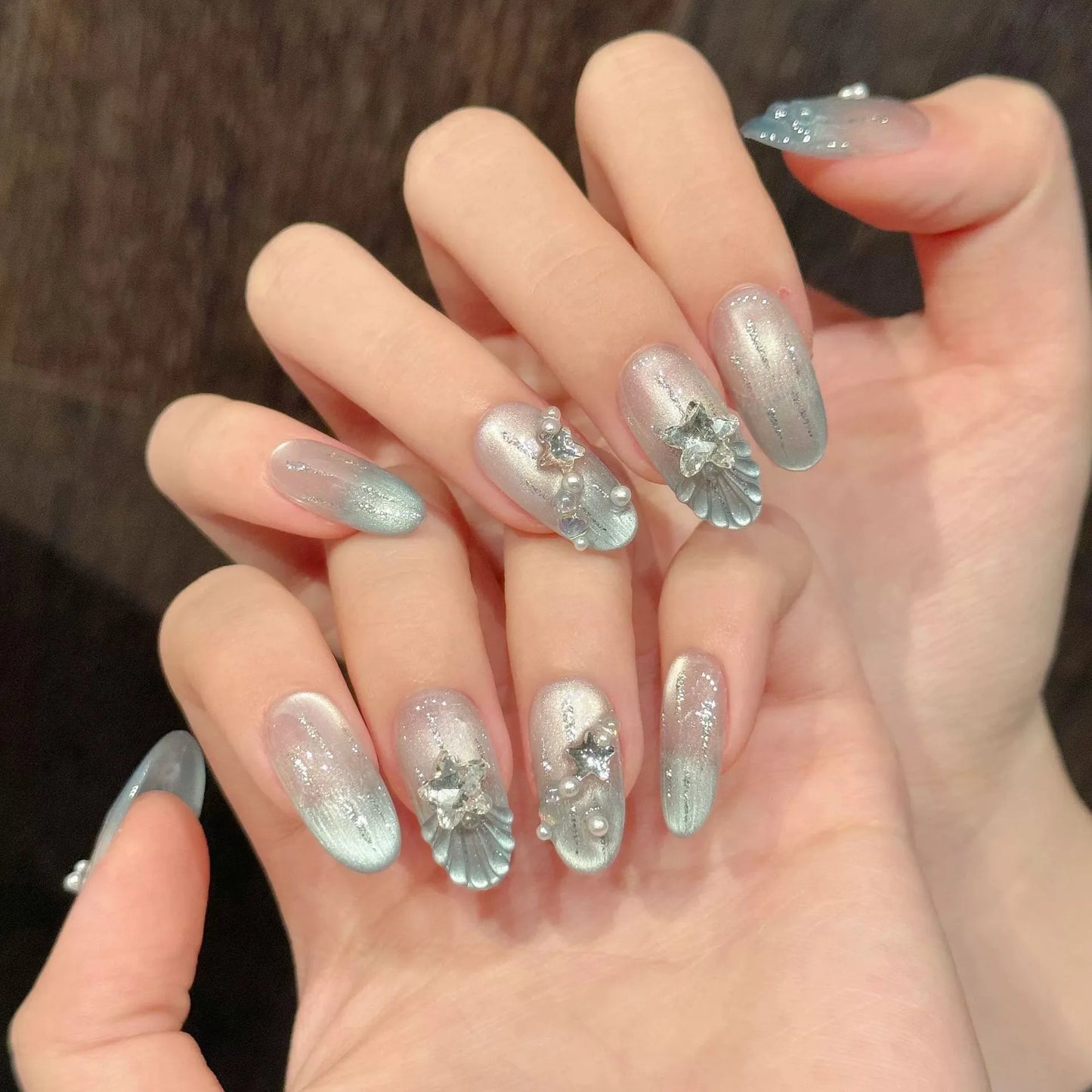 10pcs Handmade Blue Press on Nails Almond (#11)