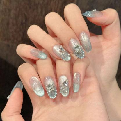 10pcs Handmade Blue Press on Nails Almond (#11)