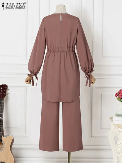 Muslim Women Matching Sets Long Sleeve  Tops And Loose Pant Suits