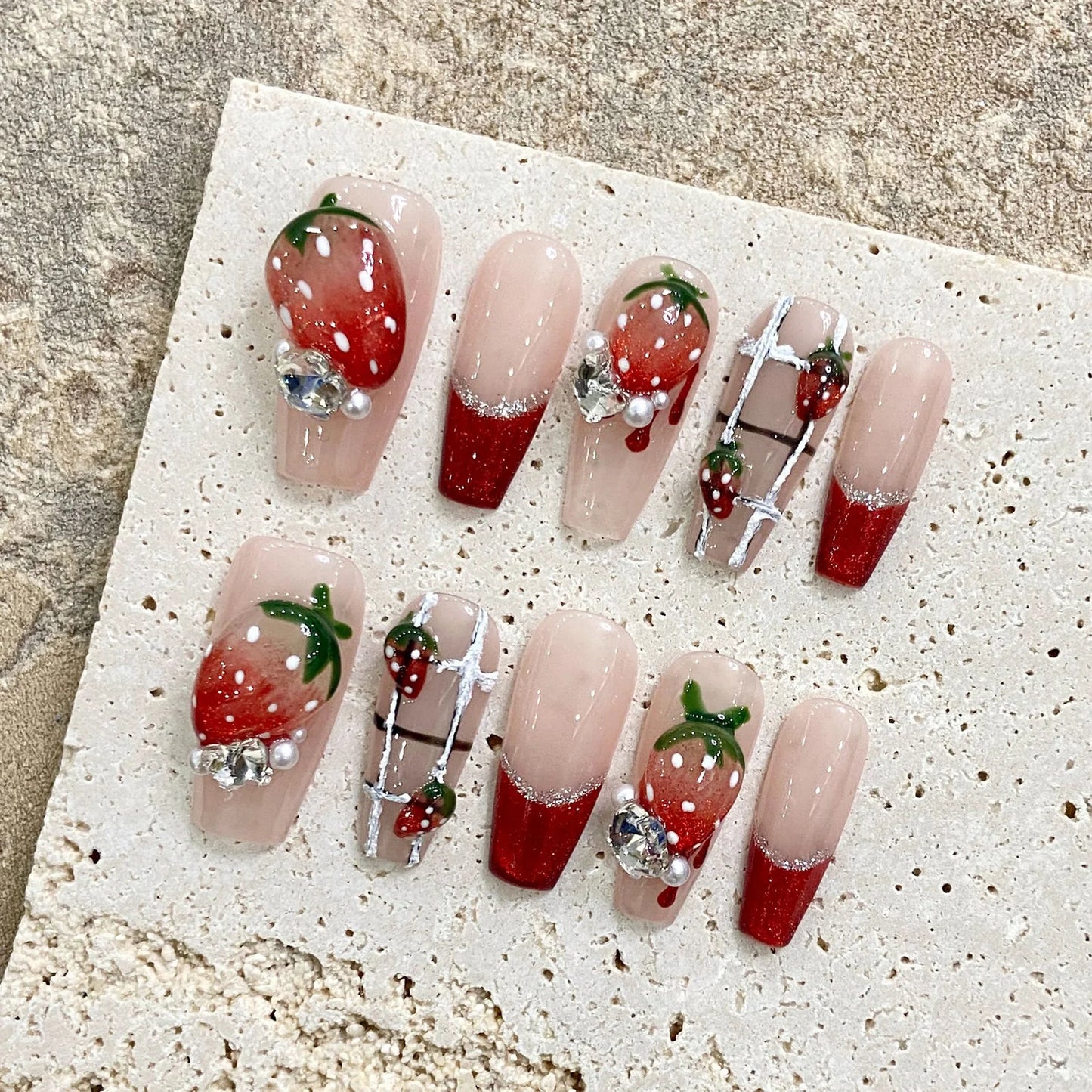 10 PC Handmade Press on Nails Sweet Strawberry  Long Ballet Coffin (#15)