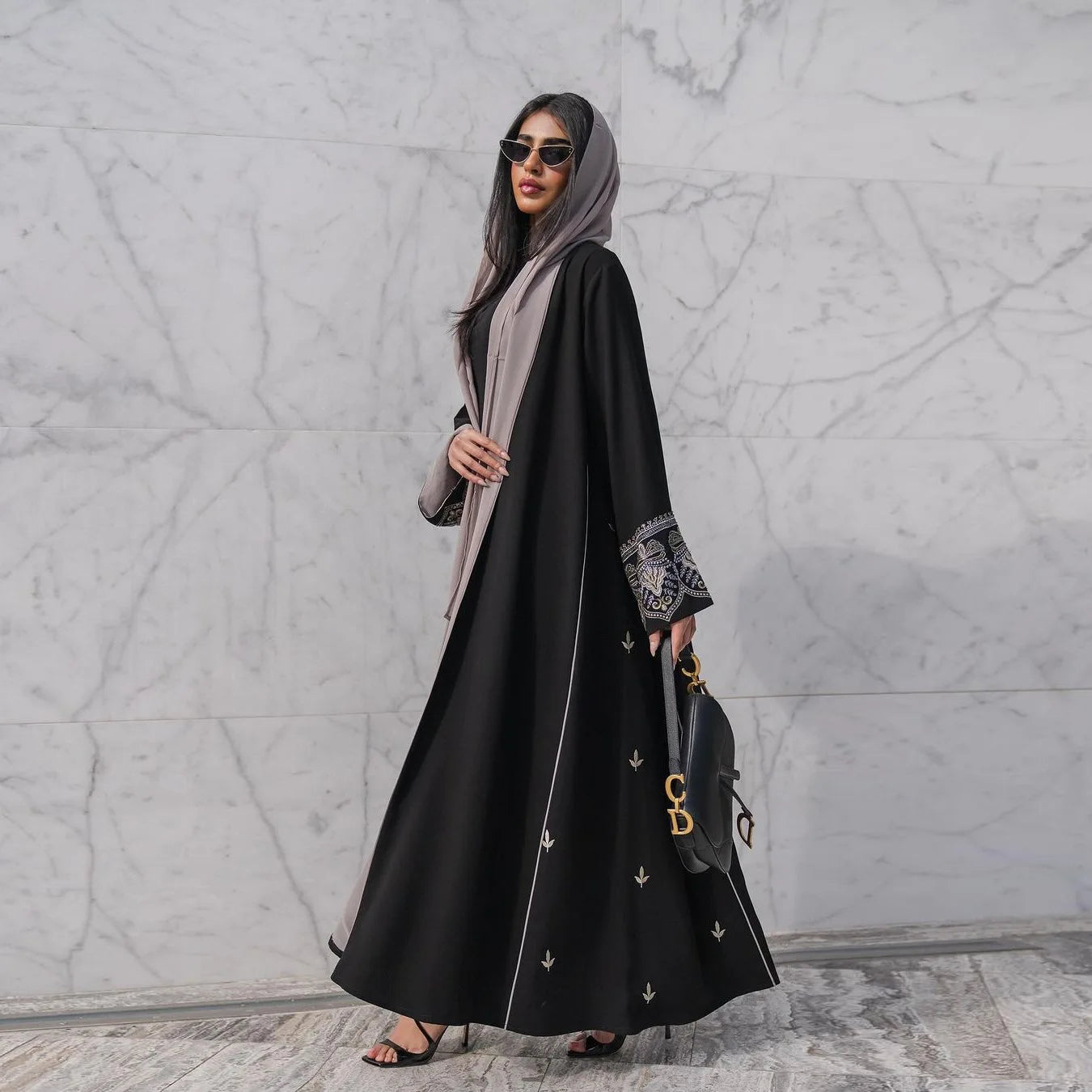 Black Embroidery Open Modest Abaya One Size