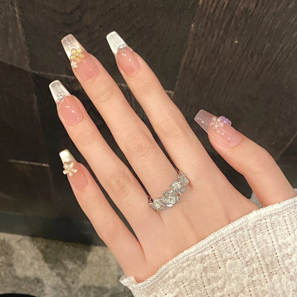 10pcs Handmade Five petal Flower Decor Oval/Ballet False Nails (#21)