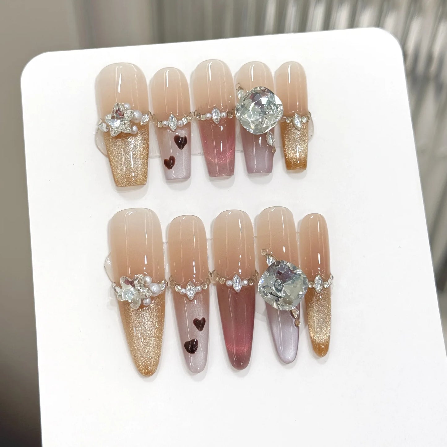 10pcs Handmade Large Fake Nails Wearable Reusable  False Nail Tips Almond & Coffin (#3)
