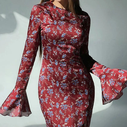 Slim Print Women's Dress Bodycon O-Neck Long Sleeve