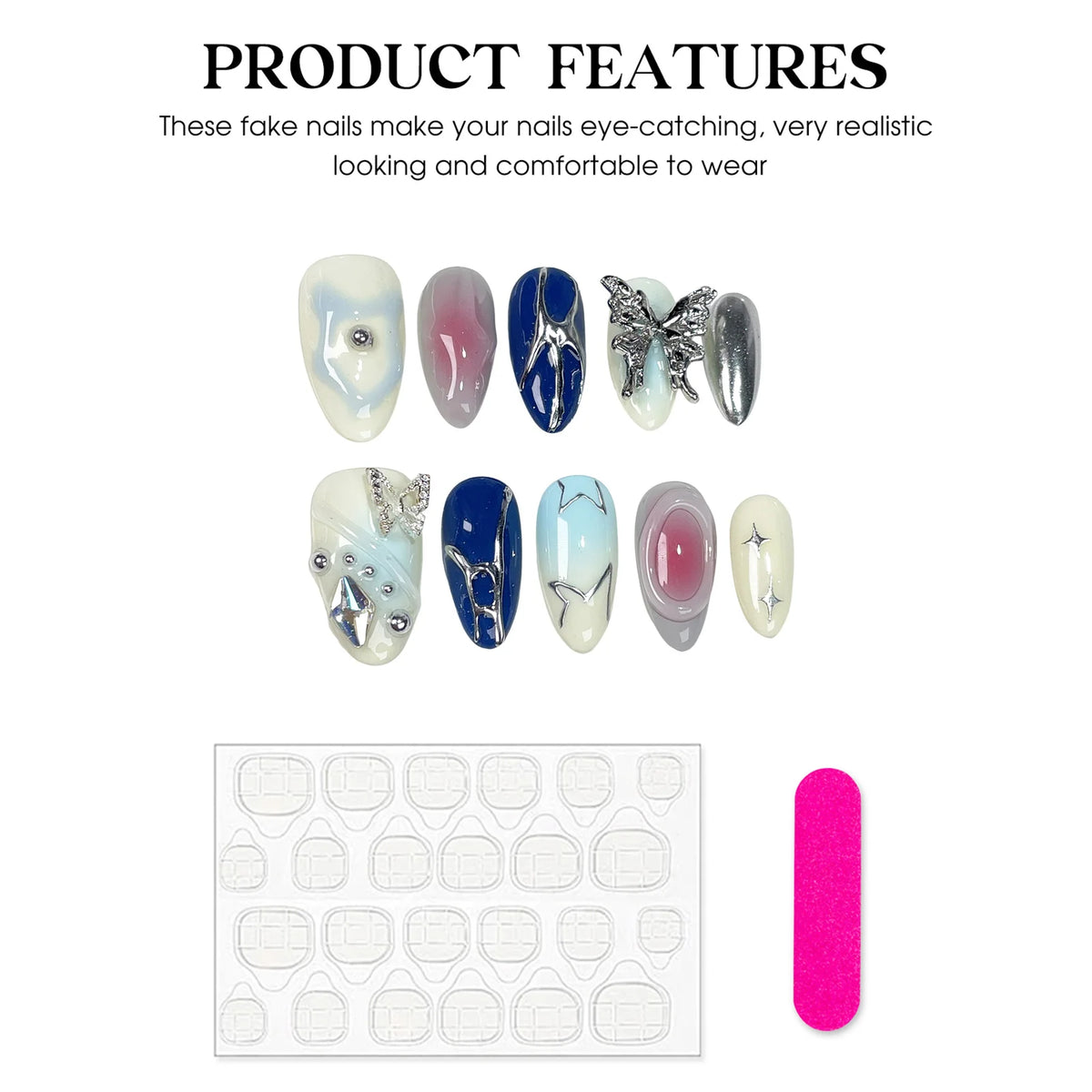 10 pc Handmade Press on Nails  Butterfly Design  Almond Full Cover Stick on Nails (#24)