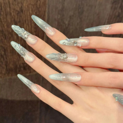 10pcs Handmade Blue Press on Nails Almond (#11)