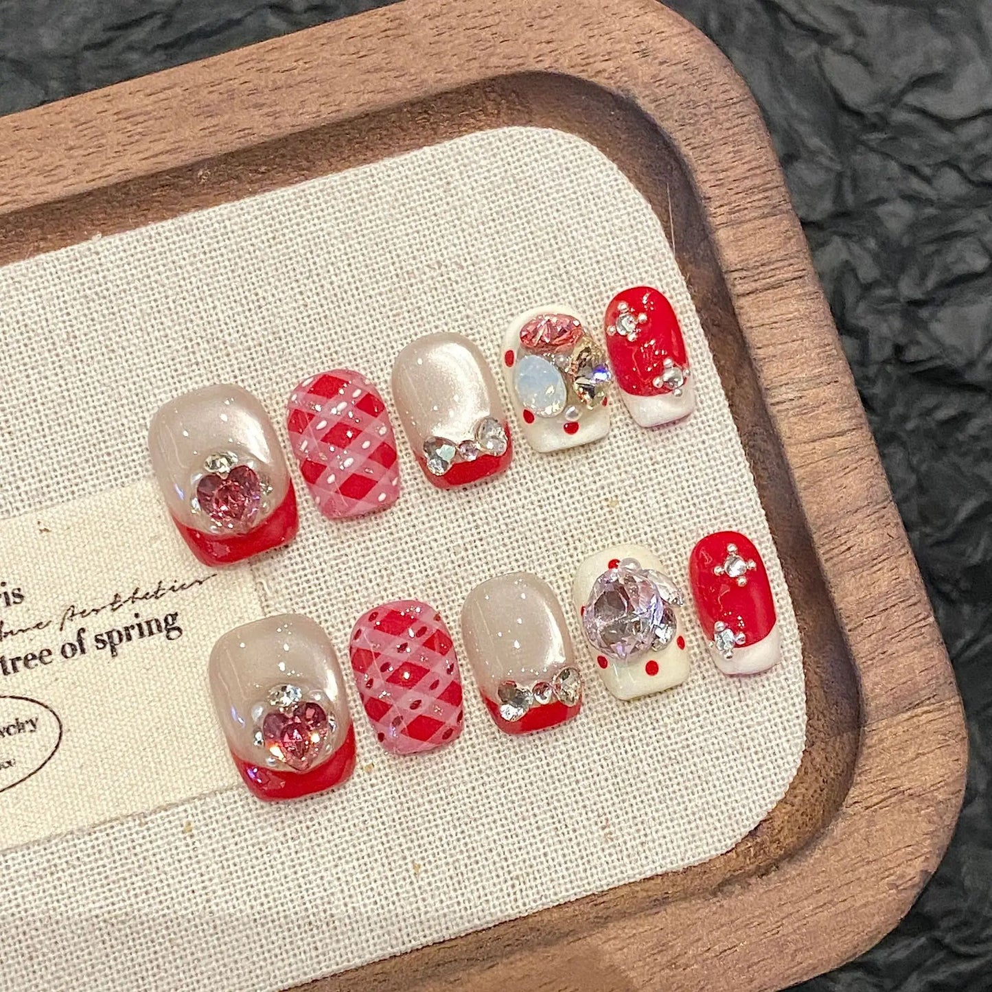 10 PC Handmade New Year Press on Nails Red Crystal Short (#7)