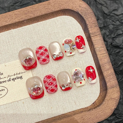 10 PC Handmade New Year Press on Nails Red Crystal Short (#7)