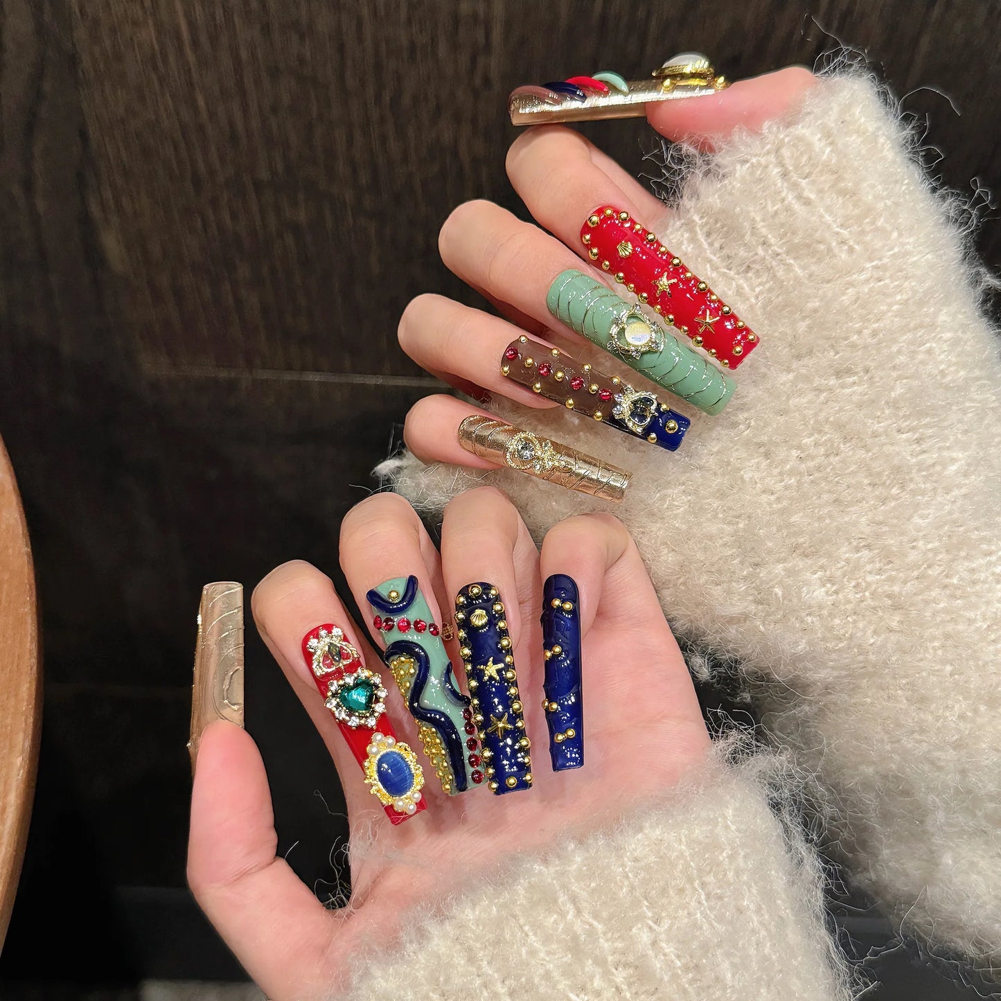 10 pc Handmade Press on Nails Full Crystal Design Baroque Style Extra Long Ballet (#25)