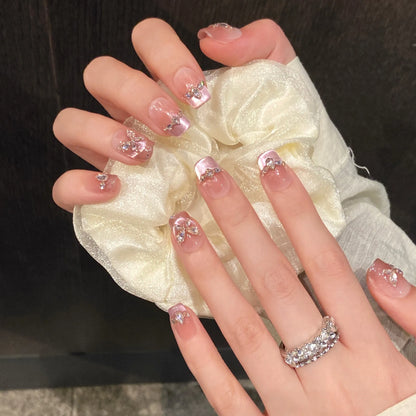 10pcs Handmade Press on Nails Square/coffin/oval shape pink (#18)