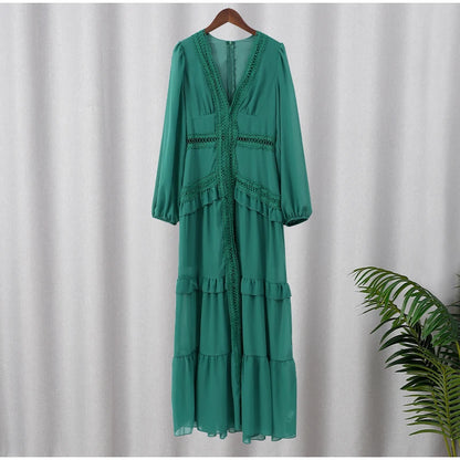 Long Sleeves Maxi Dress Patchwork Ruffles Hollow Lace Slim Dresses Robes