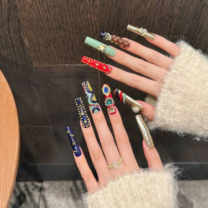 10 pc Handmade Press on Nails Full Crystal Design Baroque Style Extra Long Ballet (#25)