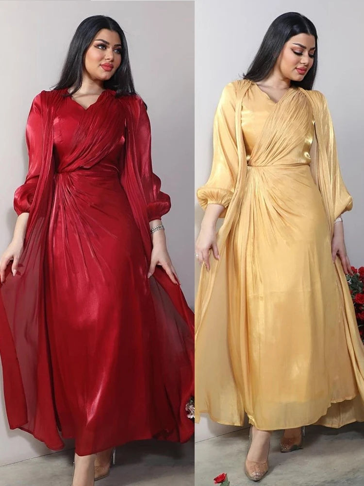 Morocco Women Abaya 2 Piece Set Silky Satin Dubai Muslim Dresses  Robe