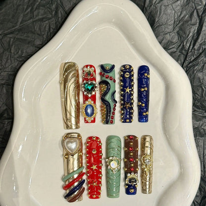 10 pc Handmade Press on Nails Full Crystal Design Baroque Style Extra Long Ballet (#25)