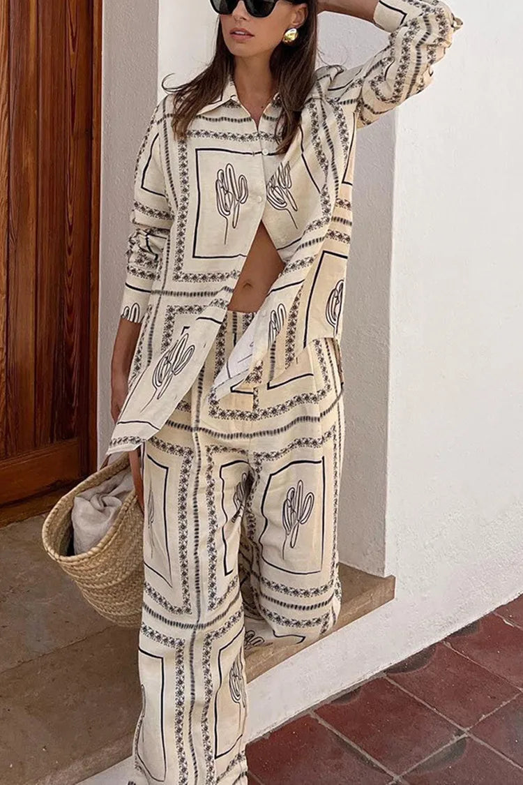 Printed Shirts Two Piece Set Women Long Sleeve Pants Suit