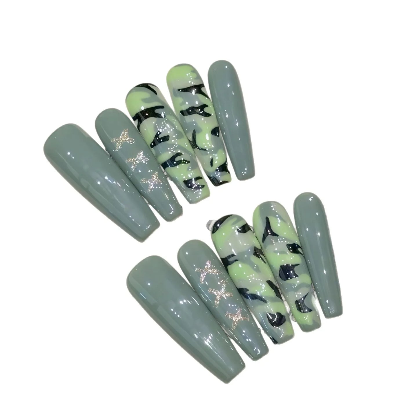 10 PC Handmade Press on Nails Green Long Ballet (#16)