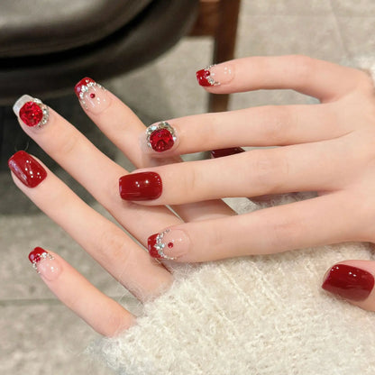 10 PC Handmade New Year Press on Nails Red Crystal Short (#7)