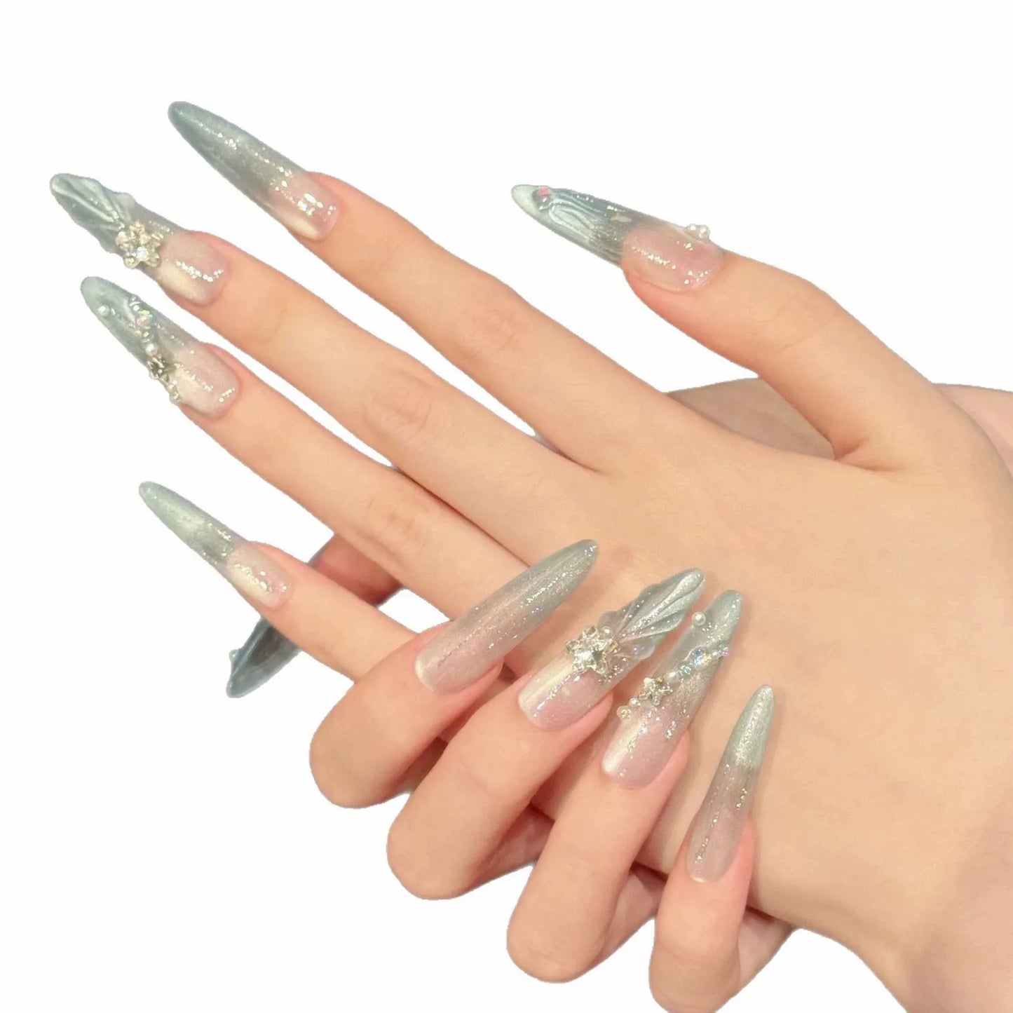 10pcs Handmade Blue Press on Nails Almond (#11)