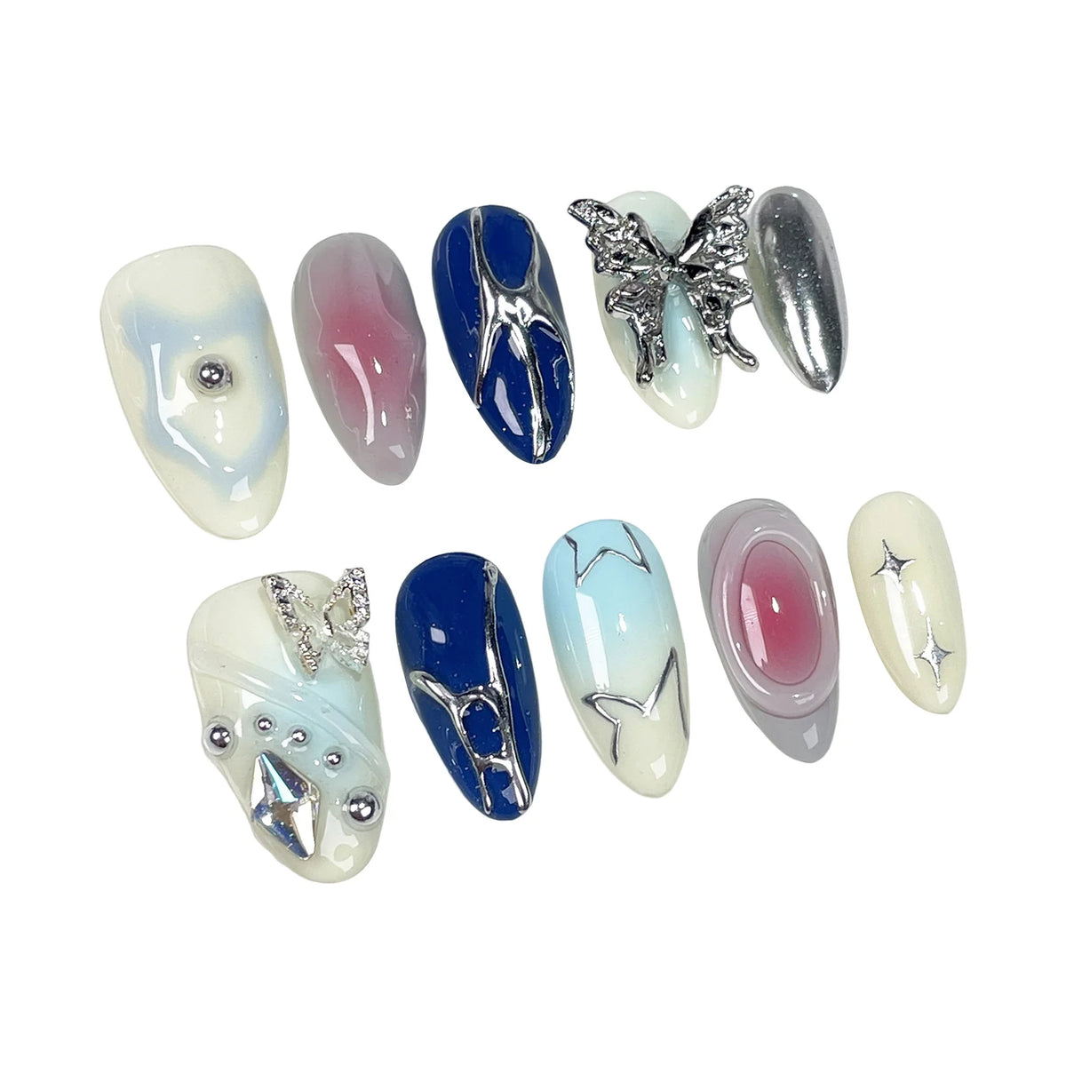 10 pc Handmade Press on Nails  Butterfly Design  Almond Full Cover Stick on Nails (#24)
