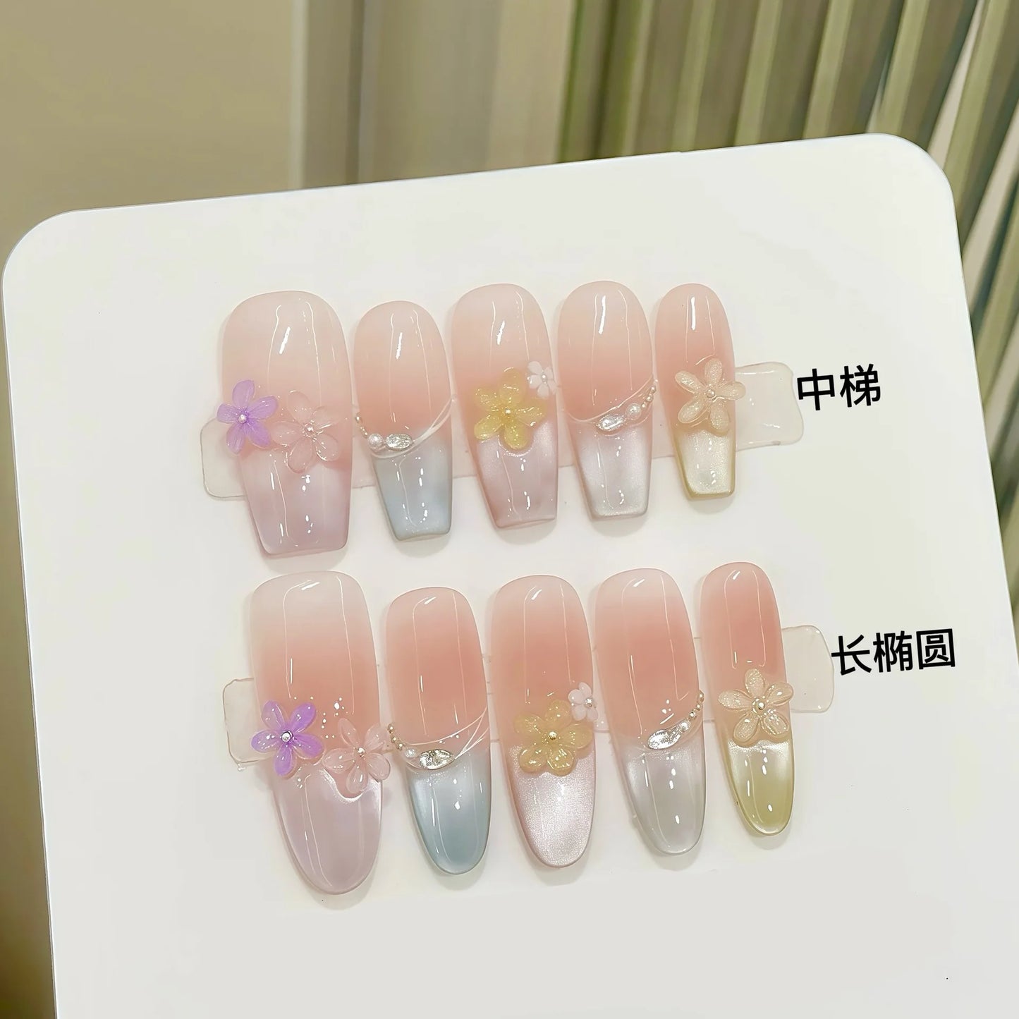 10pcs Handmade Five petal Flower Decor Oval/Ballet False Nails (#21)