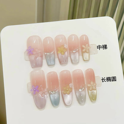 10pcs Handmade Five petal Flower Decor Oval/Ballet False Nails (#21)