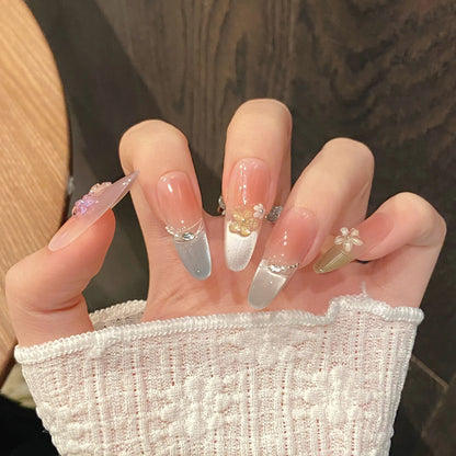 10pcs Handmade Five petal Flower Decor Oval/Ballet False Nails (#21)