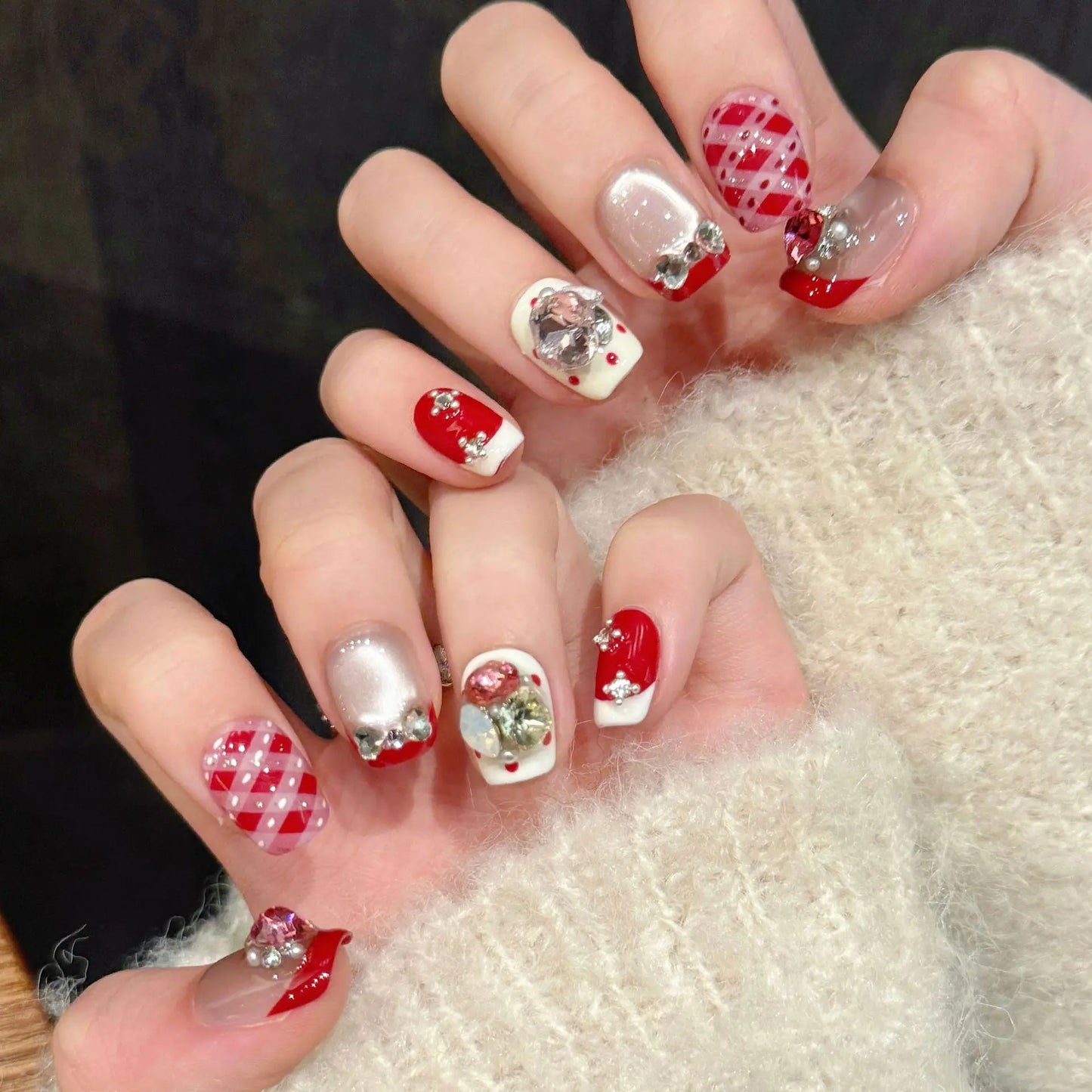 10 PC Handmade New Year Press on Nails Red Crystal Short (#7)
