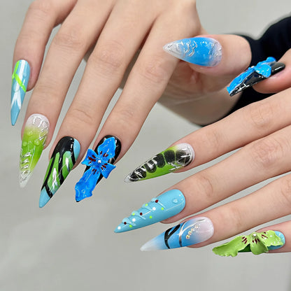 10pcs Handmade Press on Nails  Full Cover Ins Long Almond False (#26)