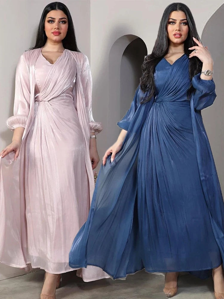 Morocco Women Abaya 2 Piece Set Silky Satin Dubai Muslim Dresses  Robe