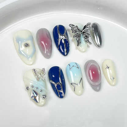 10 pc Handmade Press on Nails  Butterfly Design  Almond Full Cover Stick on Nails (#24)