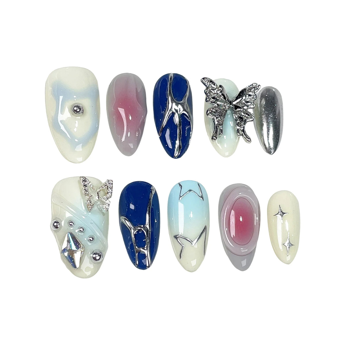 10 pc Handmade Press on Nails  Butterfly Design  Almond Full Cover Stick on Nails (#24)