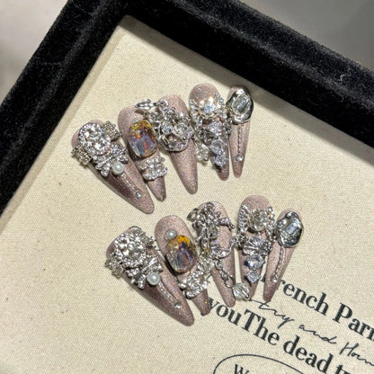 10 Pc Handmade Press on Nails Shiny Crystal Design (#35)