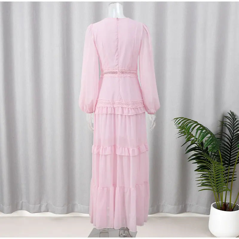 Long Sleeves Maxi Dress Patchwork Ruffles Hollow Lace Slim Dresses Robes