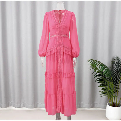 Long Sleeves Maxi Dress Patchwork Ruffles Hollow Lace Slim Dresses Robes