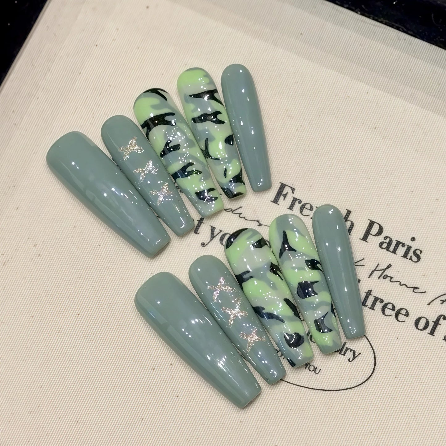 10 PC Handmade Press on Nails Green Long Ballet (#16)